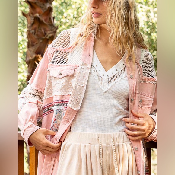 POL jacket patchwork denim mesh floral pink pocket distressed NWT - Picture 5 of 7